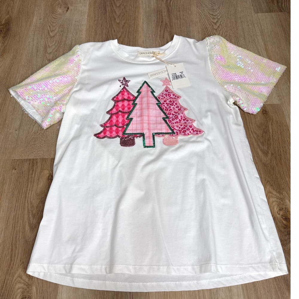 Grace+Emma‎ (White) Sequin Christmas Tree T-Shirt Womens Size M
